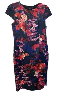 Betsey Johnson Navy Midi Dress with Red & Pink Floral Print